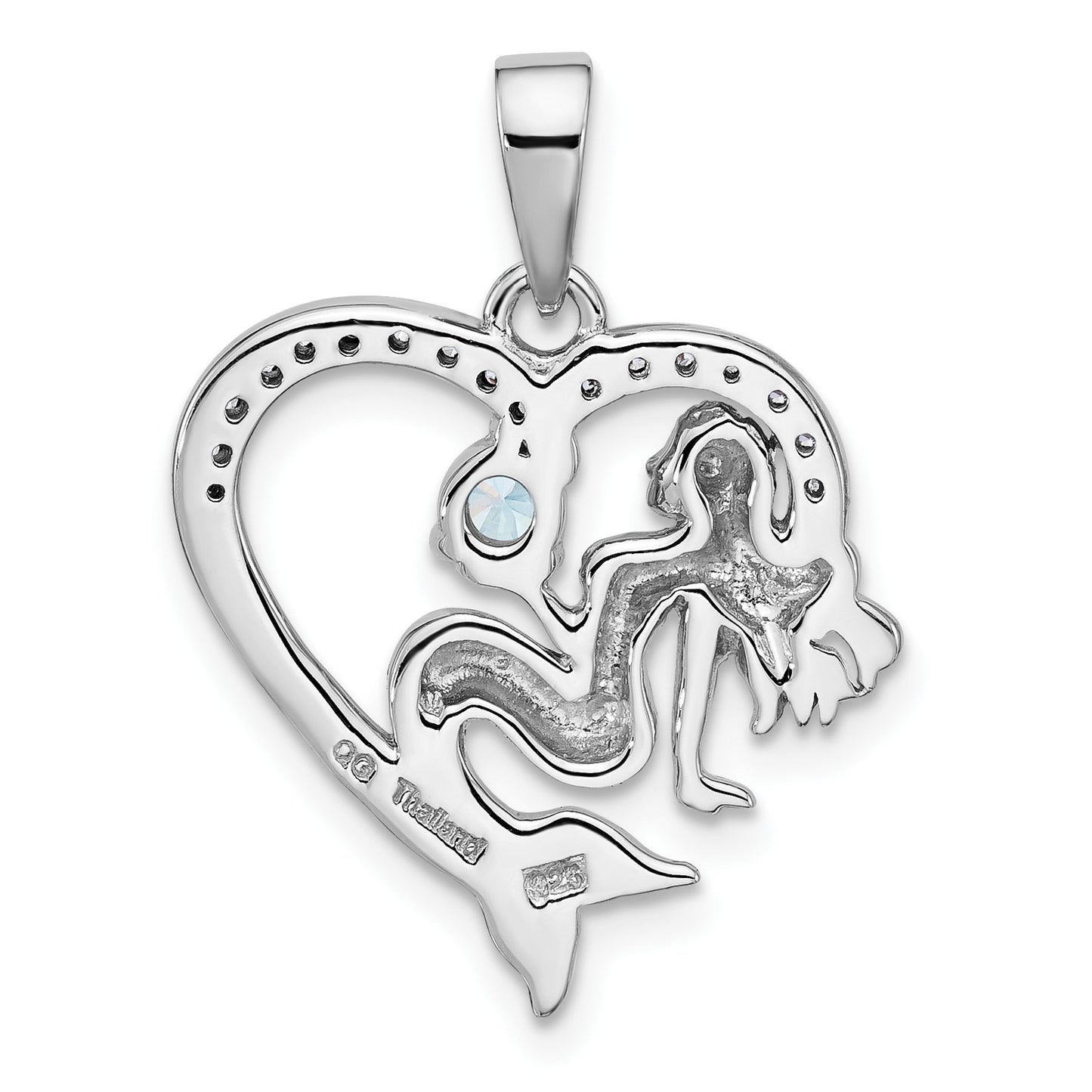 Sterling Silver Rhodium-plated Polished and Antiqued Blue CZ Mermaid Heart Pendant