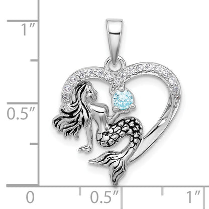Sterling Silver Rhodium-plated Polished and Antiqued Blue CZ Mermaid Heart Pendant