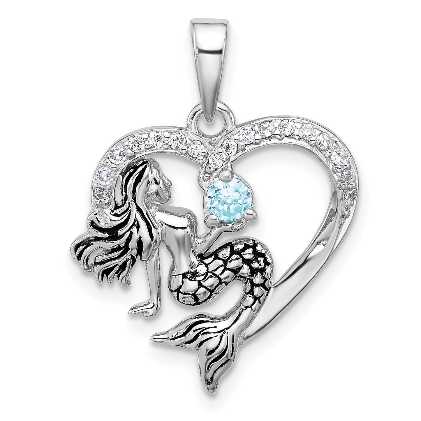 Sterling Silver Rhodium-plated Polished and Antiqued Blue CZ Mermaid Heart Pendant