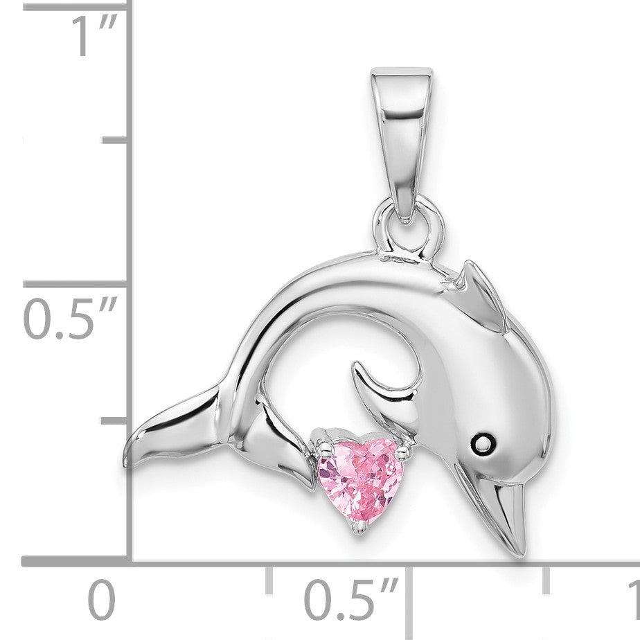 Sterling Silver Rhodium-plated Polished and Antiqued Pink CZ Dolphin Pendant