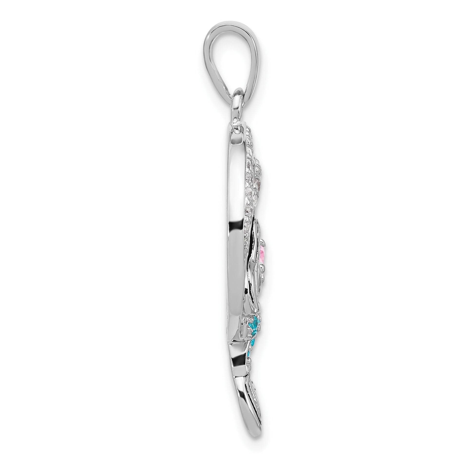 Sterling Silver Rhodium-plated Polished and Antiqued White Pink and Blue CZ Round Mermaid Pendant