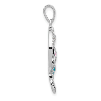 Sterling Silver Rhodium-plated Polished and Antiqued White Pink and Blue CZ Round Mermaid Pendant