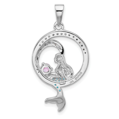 Sterling Silver Rhodium-plated Polished and Antiqued White Pink and Blue CZ Round Mermaid Pendant