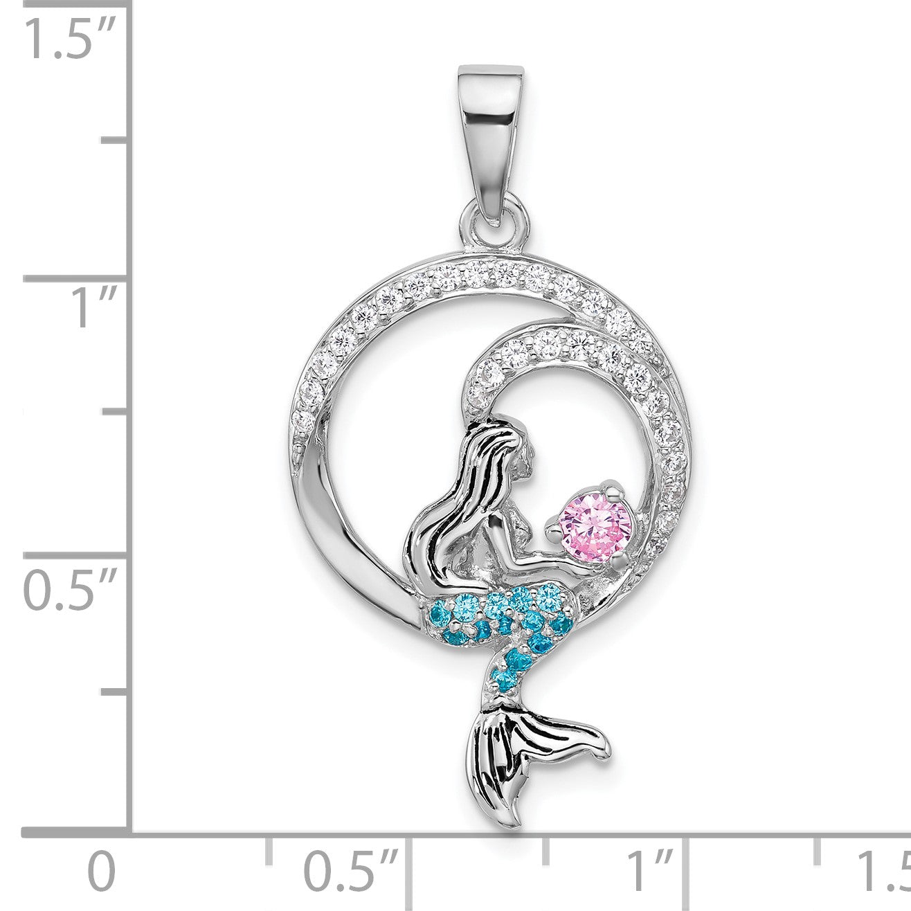 Sterling Silver Rhodium-plated Polished and Antiqued White Pink and Blue CZ Round Mermaid Pendant
