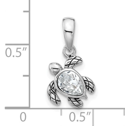 Sterling Silver Rhodium-plated Polished and Antiqued Crystal April Birthstone Turtle Pendant