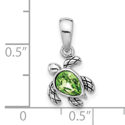 Sterling Silver Rhodium-plated Polished and Antiqued Crystal August Birthstone Turtle Pendant