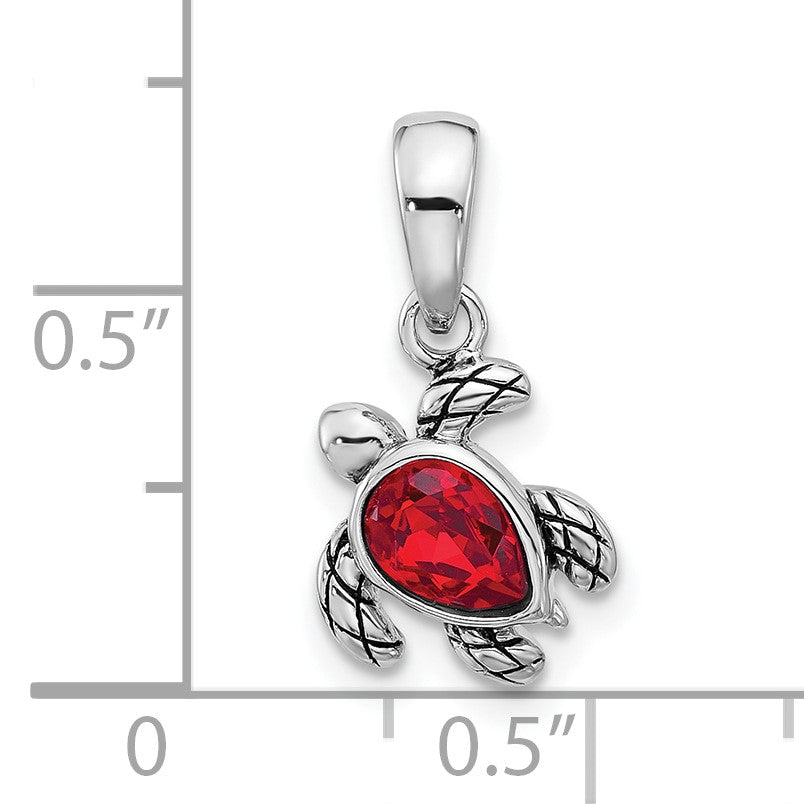 Sterling Silver Rhodium-plated Polished and Antiqued Crystal July Birthstone Turtle Pendant