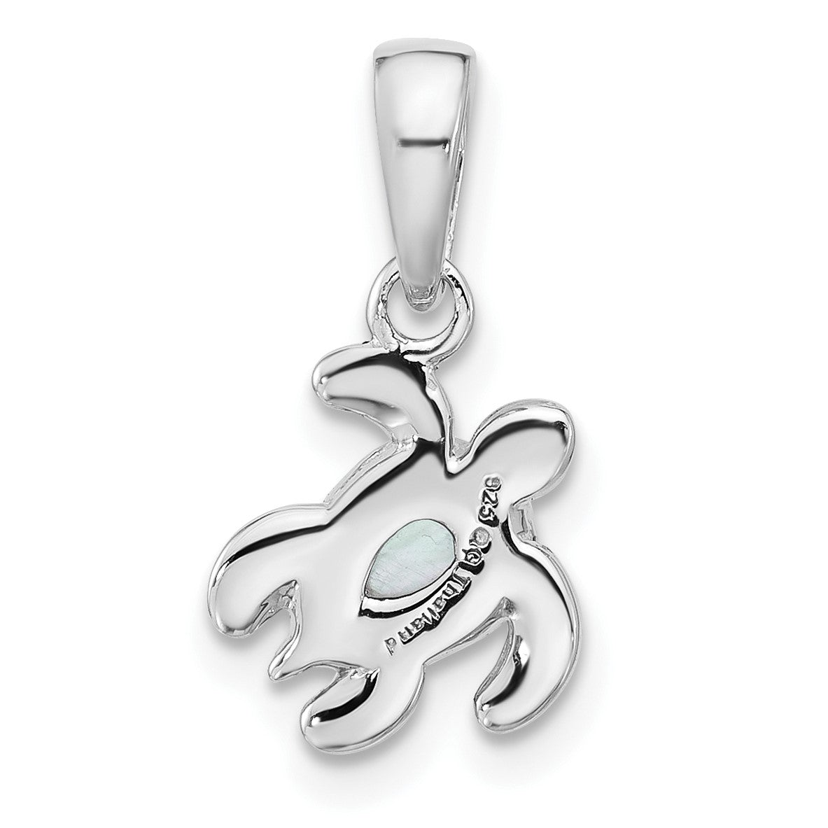 Sterling Silver Rhodium-plated Polished and Antiqued Mother of Pearl June Birthstone Turtle Pendant