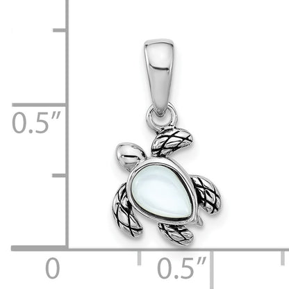Sterling Silver Rhodium-plated Polished and Antiqued Mother of Pearl June Birthstone Turtle Pendant