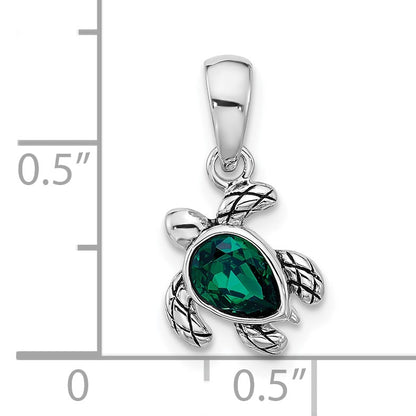 Sterling Silver Rhodium-plated Polished and Antiqued Crystal May Birthstone Turtle Pendant