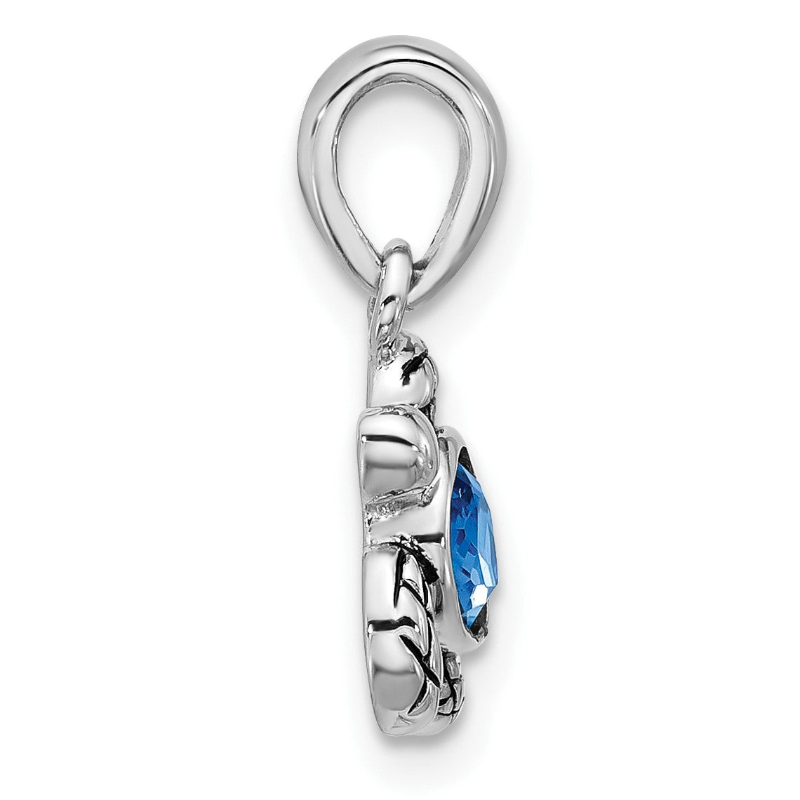 Sterling Silver Rhodium-plated Polished and Antiqued Crystal September Birthstone Turtle Pendant