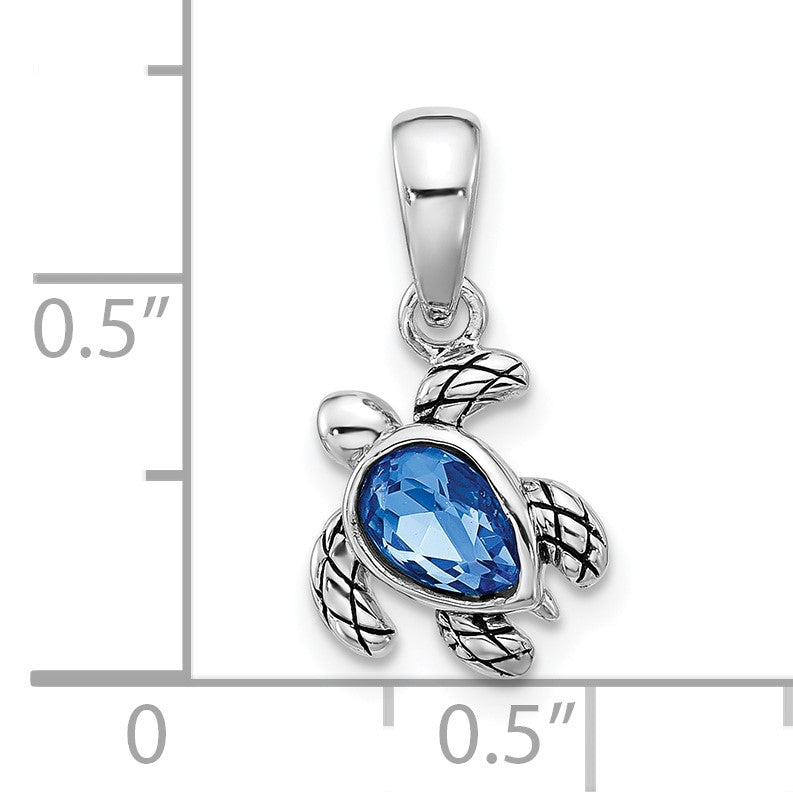 Sterling Silver Rhodium-plated Polished and Antiqued Crystal September Birthstone Turtle Pendant