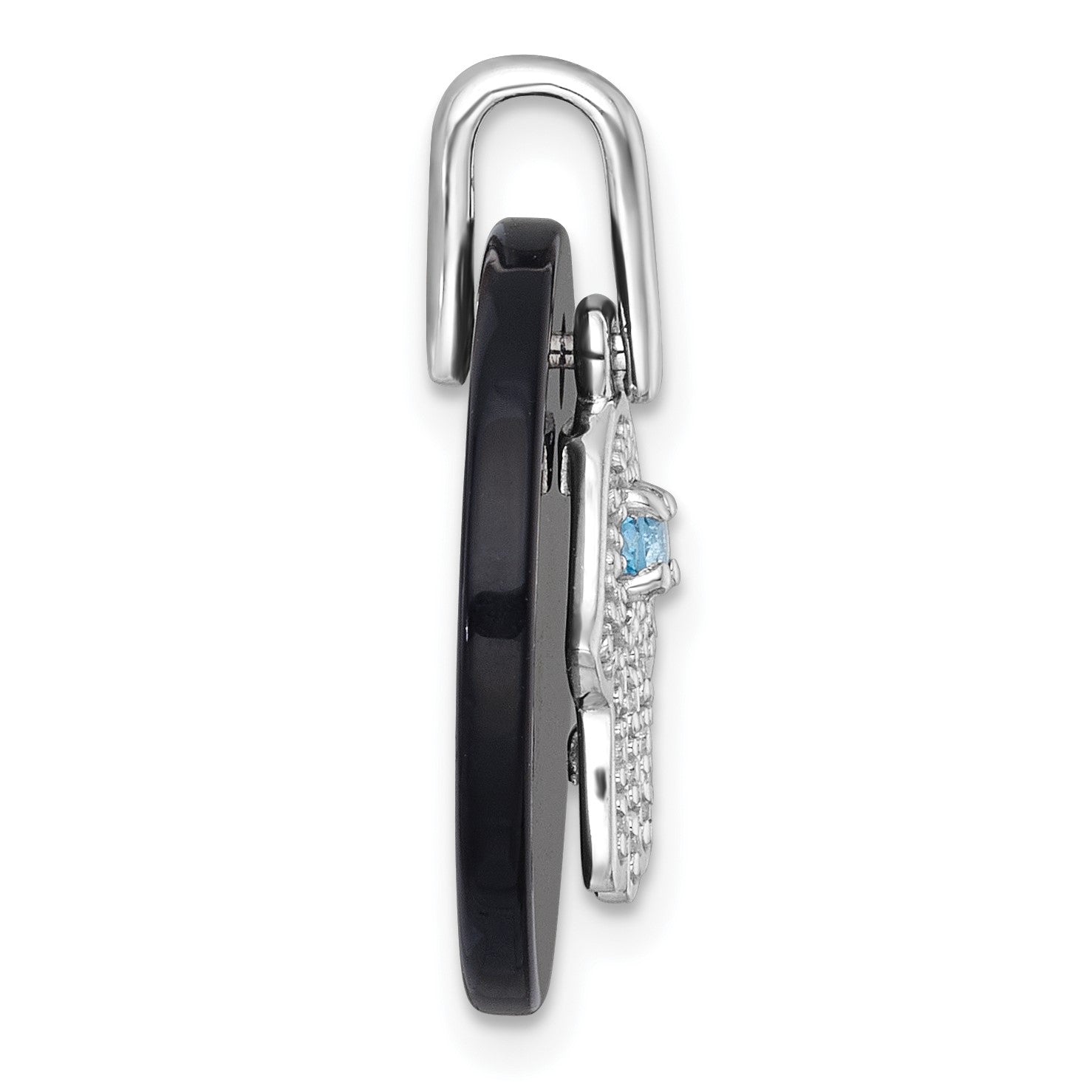 Sterling Silver Rhodium-plated Polished Onyx Circle with Light Swiss Blue Topaz and CZ Hamsa Dangle Pendant