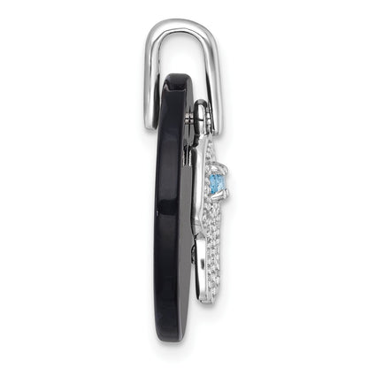 Sterling Silver Rhodium-plated Polished Onyx Circle with Light Swiss Blue Topaz and CZ Hamsa Dangle Pendant