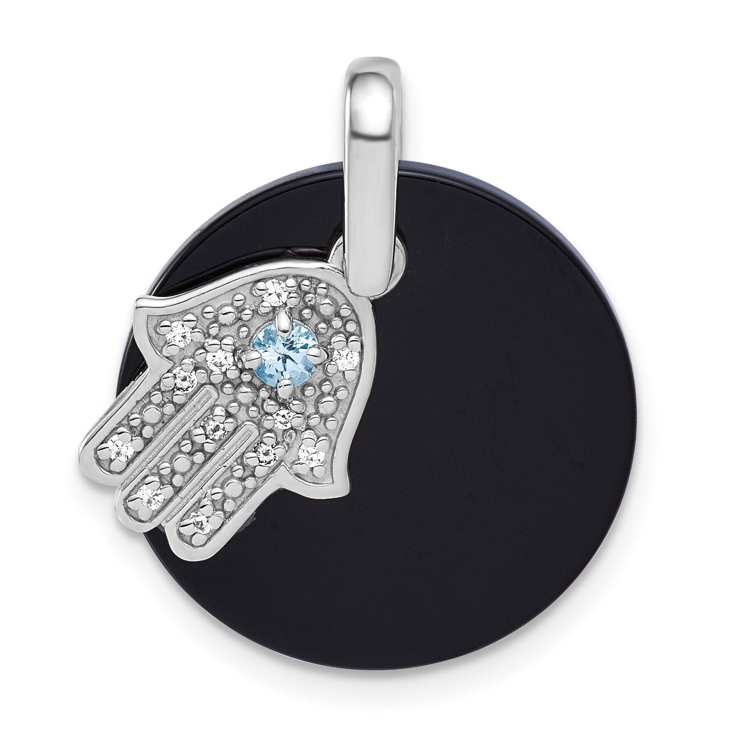 Sterling Silver Rhodium-plated Polished Onyx Circle with Light Swiss Blue Topaz and CZ Hamsa Dangle Pendant