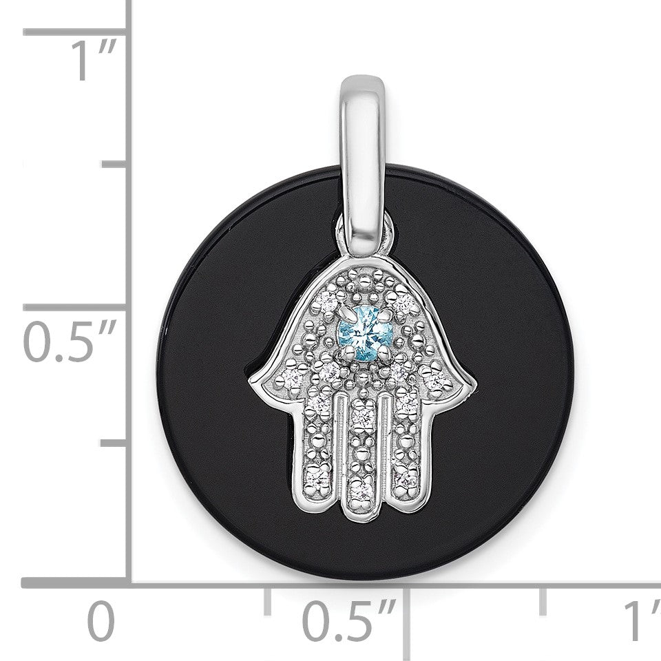 Sterling Silver Rhodium-plated Polished Onyx Circle with Light Swiss Blue Topaz and CZ Hamsa Dangle Pendant