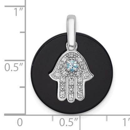 Sterling Silver Rhodium-plated Polished Onyx Circle with Light Swiss Blue Topaz and CZ Hamsa Dangle Pendant