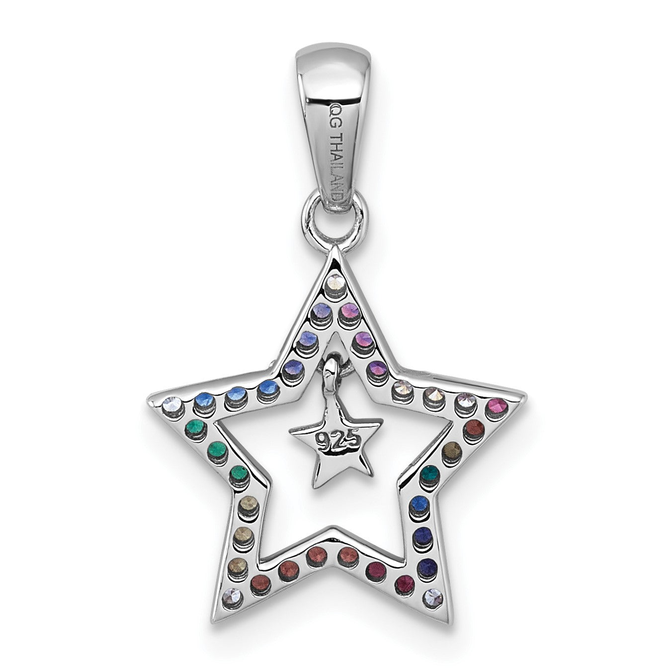 Sterling Silver Rhodium-plated Polished Rainbow Nano Crystals Star With Mini Star Dangle Childrens Pendant