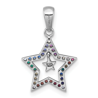 Sterling Silver Rhodium-plated Polished Rainbow Nano Crystals Star With Mini Star Dangle Childrens Pendant
