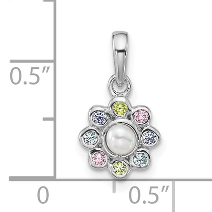 Sterling Silver Rhodium-plated Polished Green, Pink, Blue and Purple CZ and Freshwater Cultured Pearl Flower Pendant