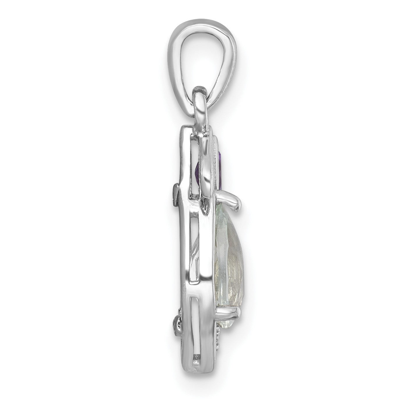 Sterling Silver Rhodium-plated Polished Amethyst and Green Quartz Leaf Pendant