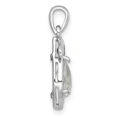 Sterling Silver Rhodium-plated Polished Amethyst and Green Quartz Leaf Pendant