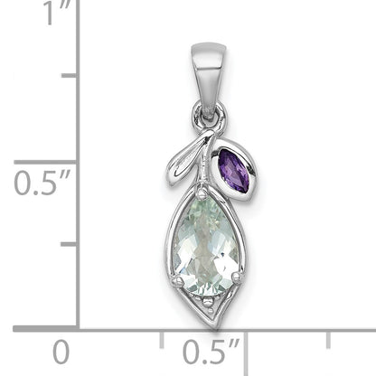 Sterling Silver Rhodium-plated Polished Amethyst and Green Quartz Leaf Pendant