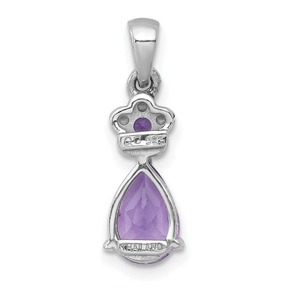 Sterling Silver Rhodium-plated Polished Amethyst Teardrop and Flower Pendant