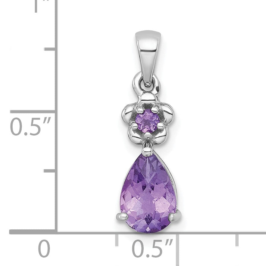 Sterling Silver Rhodium-plated Polished Amethyst Teardrop and Flower Pendant