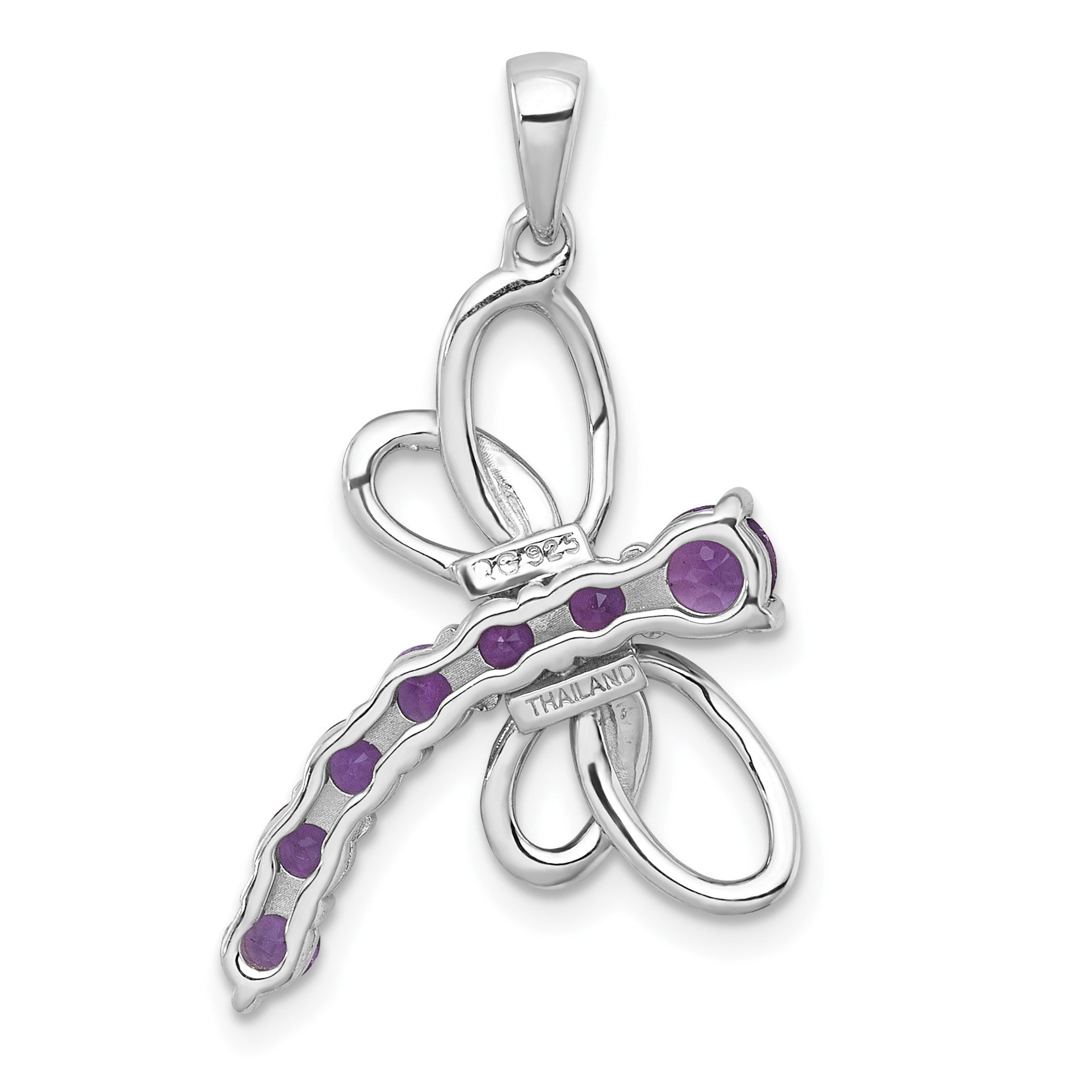 Sterling Silver Rhodium-plated Polished Amethyst Dragonfly Pendant