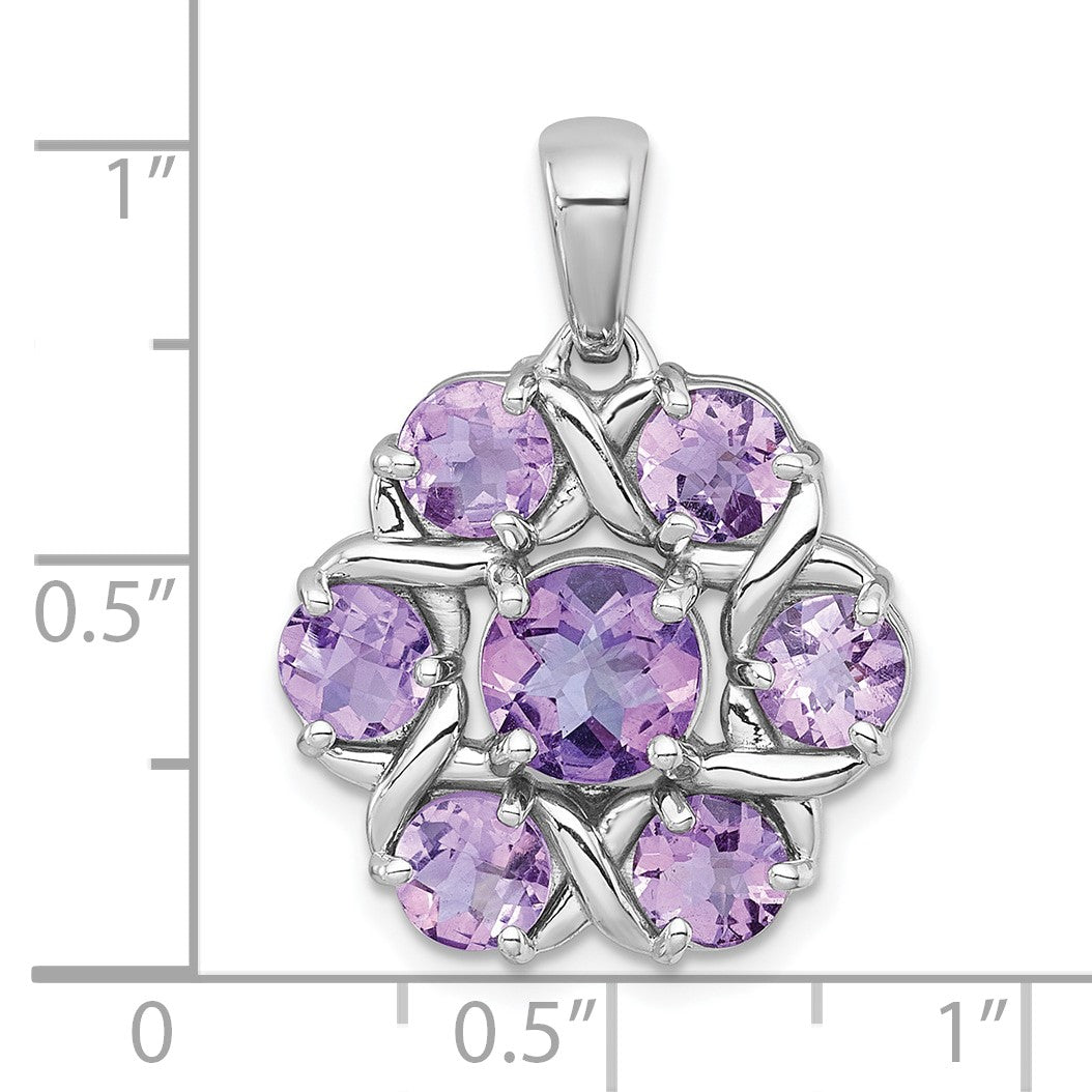 Sterling Silver Rhodium-plated Polished Amethyst and Rose de France Quartz Flower Pendant