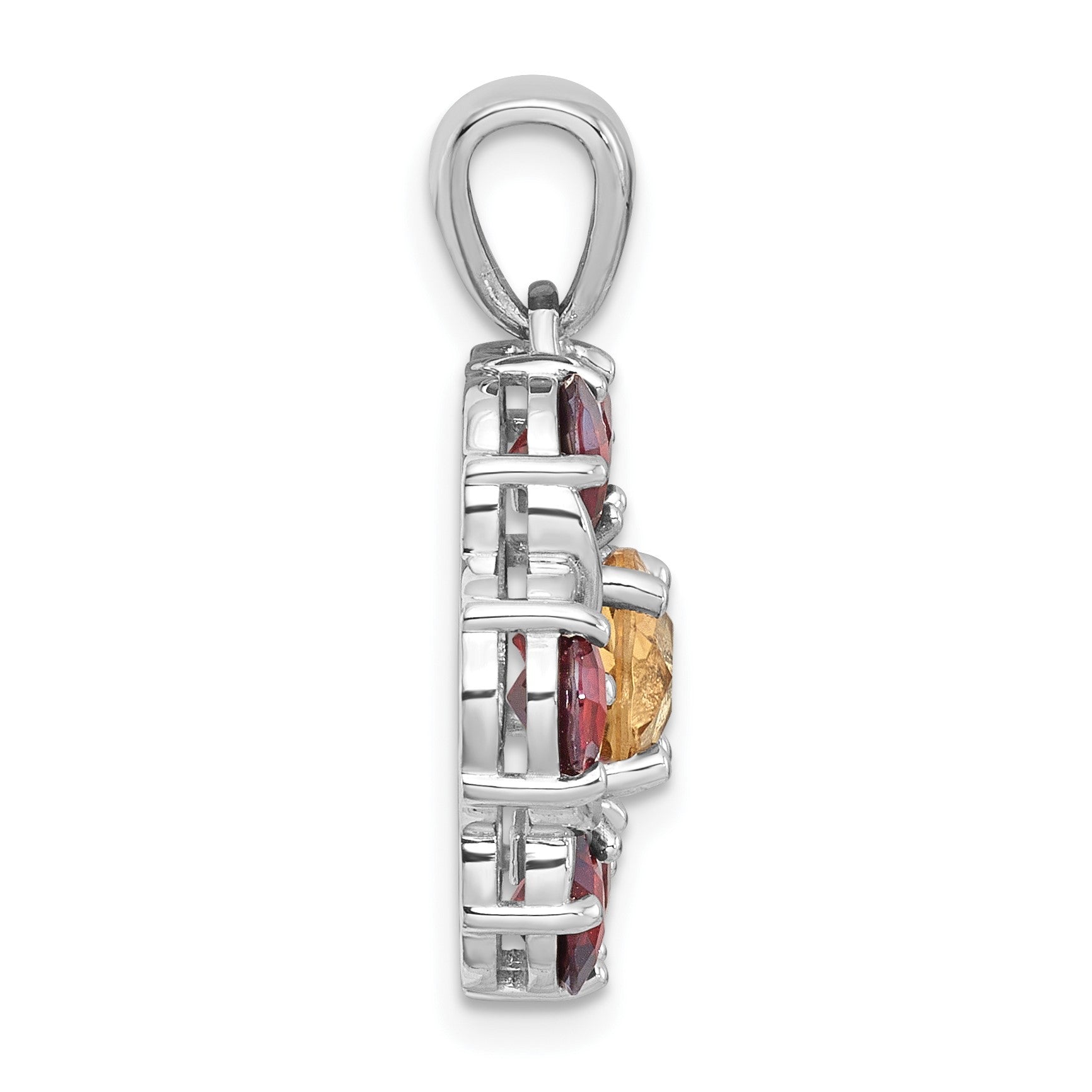 Sterling Silver Rhodium-plated Polished Citrine and Garnet Flower Pendant