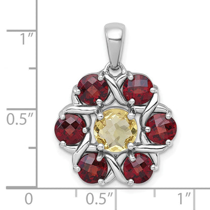 Sterling Silver Rhodium-plated Polished Citrine and Garnet Flower Pendant