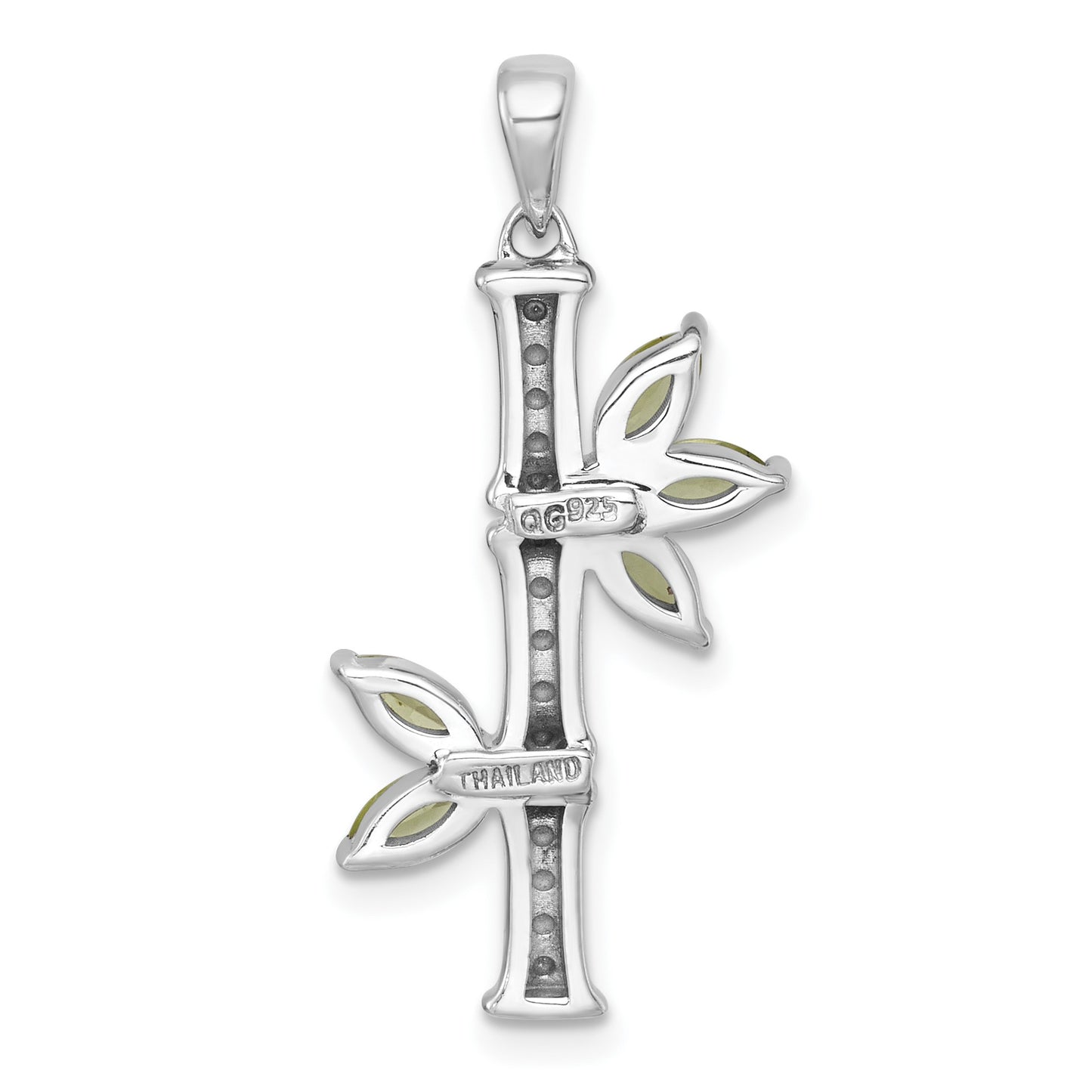 Sterling Silver Rhodium-plated Polished Fancy Peridot Bamboo with Leaves Pendant