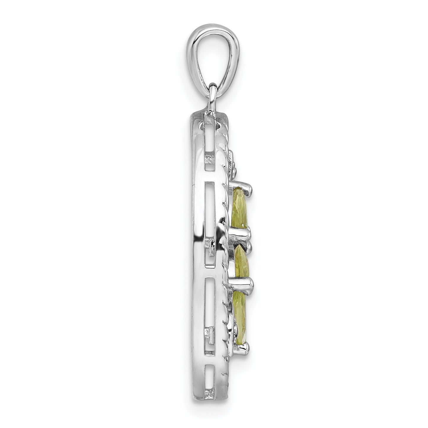 Sterling Silver Rhodium-plated Polished Peridot Leaves Twisted Oval Pendant