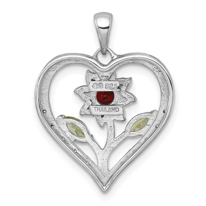 Sterling Silver Rhodium-plated Polished Garnet, Peridot and White Topaz Flower in Heart Pendant