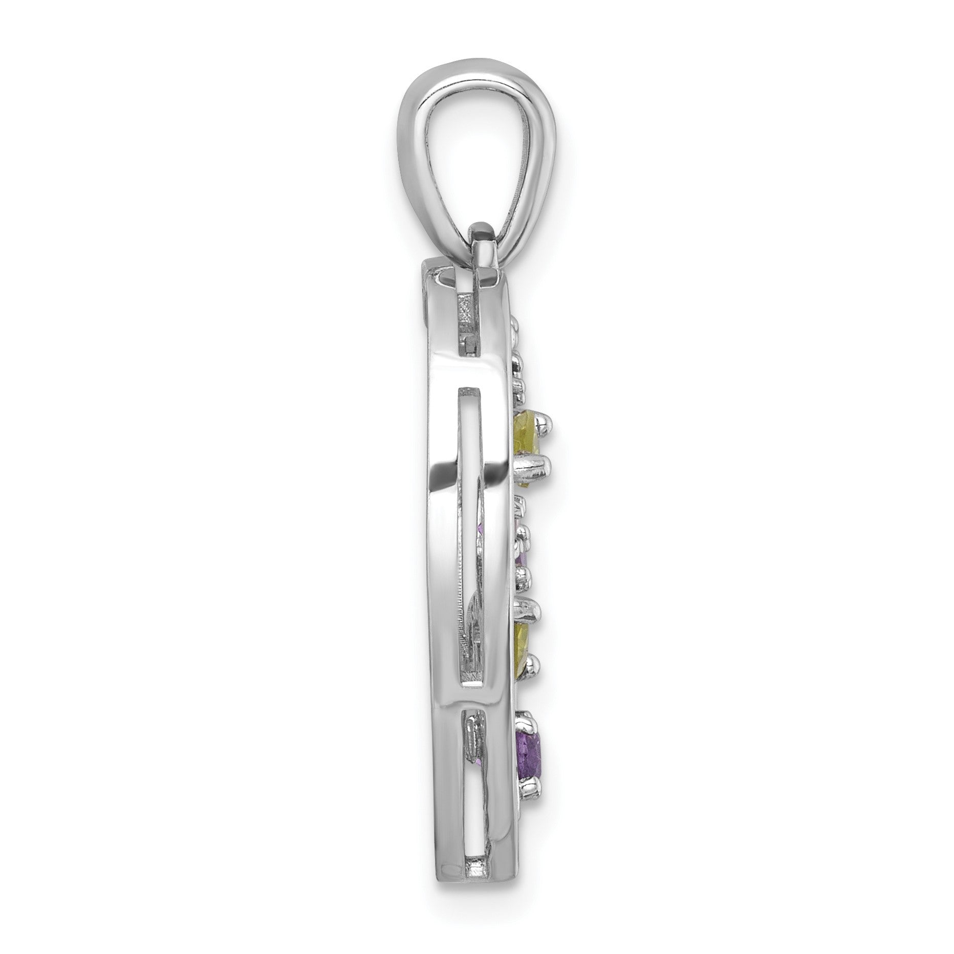 Sterling Silver Rhodium-plated Polished Amethyst and Peridot Flowers in Heart Pendant