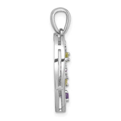 Sterling Silver Rhodium-plated Polished Amethyst and Peridot Flowers in Heart Pendant