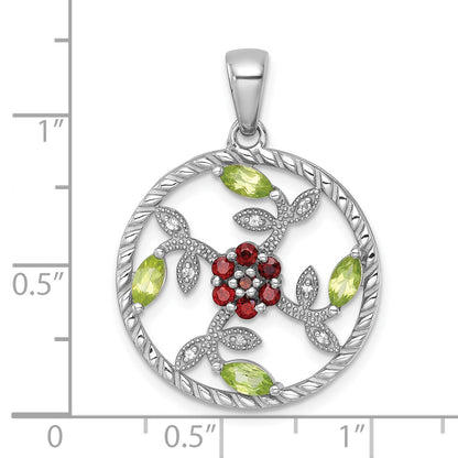 Sterling Silver Rhodium-plated Polished Garnet, Peridot and White Topaz Floral Twisted Circle Pendant