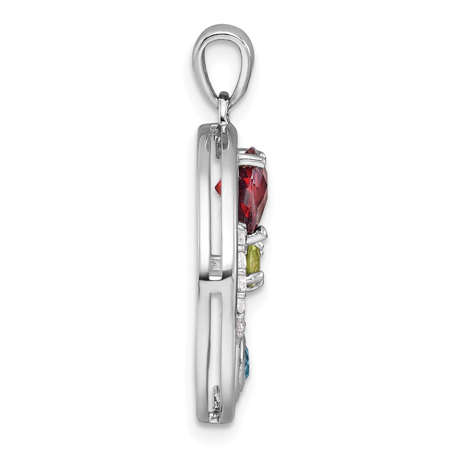 Sterling Silver Rhodium-plated Polished Garnet, Peridot and Light Swiss Blue and White Topaz Good Luck Pendant