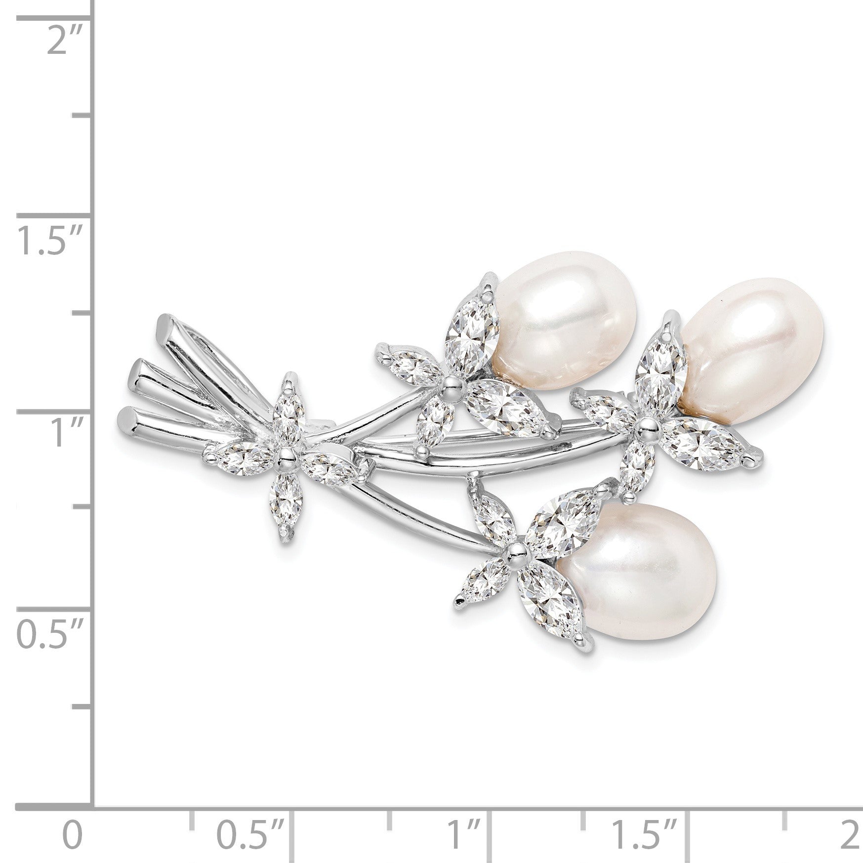 Sterling Silver Rhodium-plated Freshwater Cultured Pearl and CZ Floral Pin Brooch