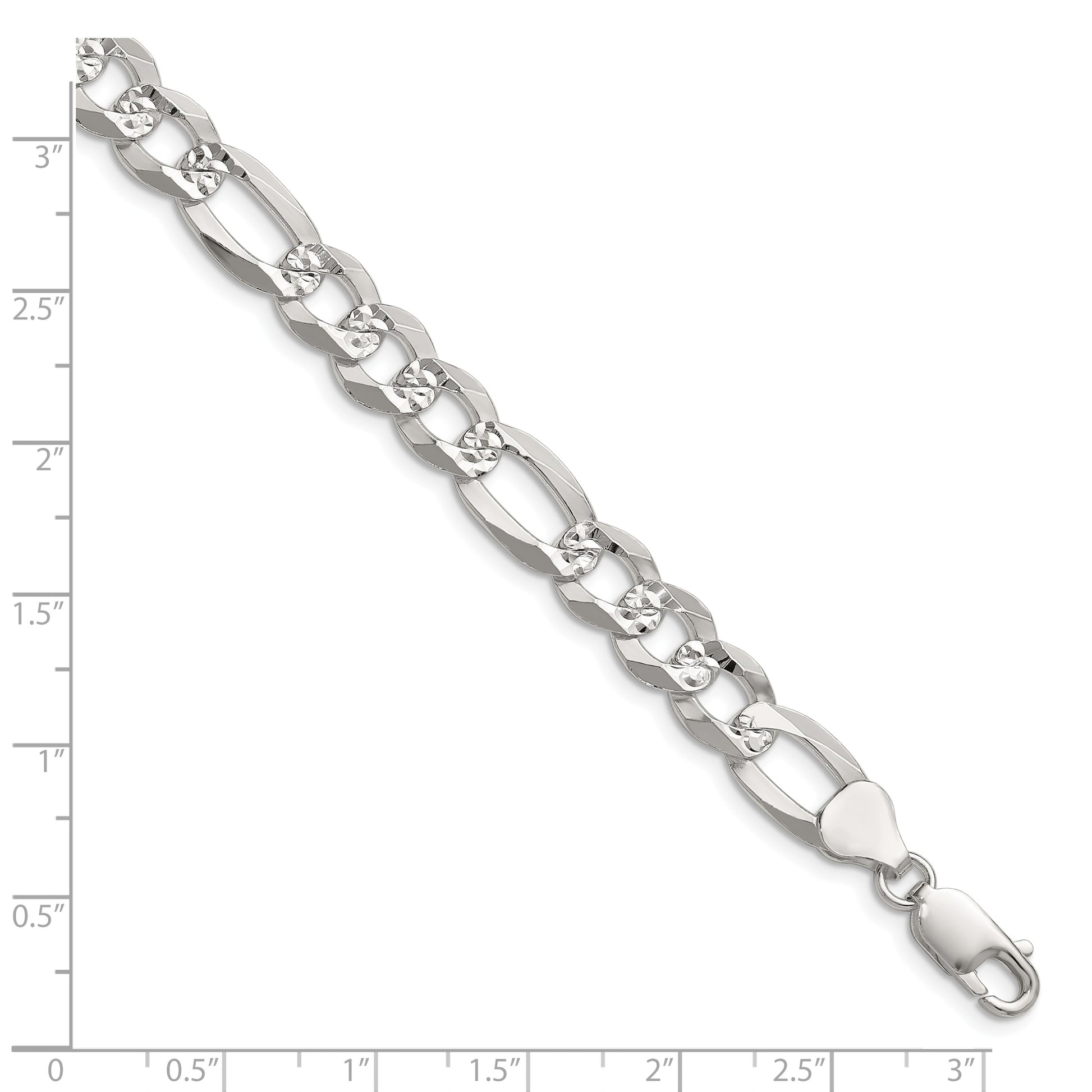 Sterling Silver 8.5mm Flat D/C Pave Figaro Chain