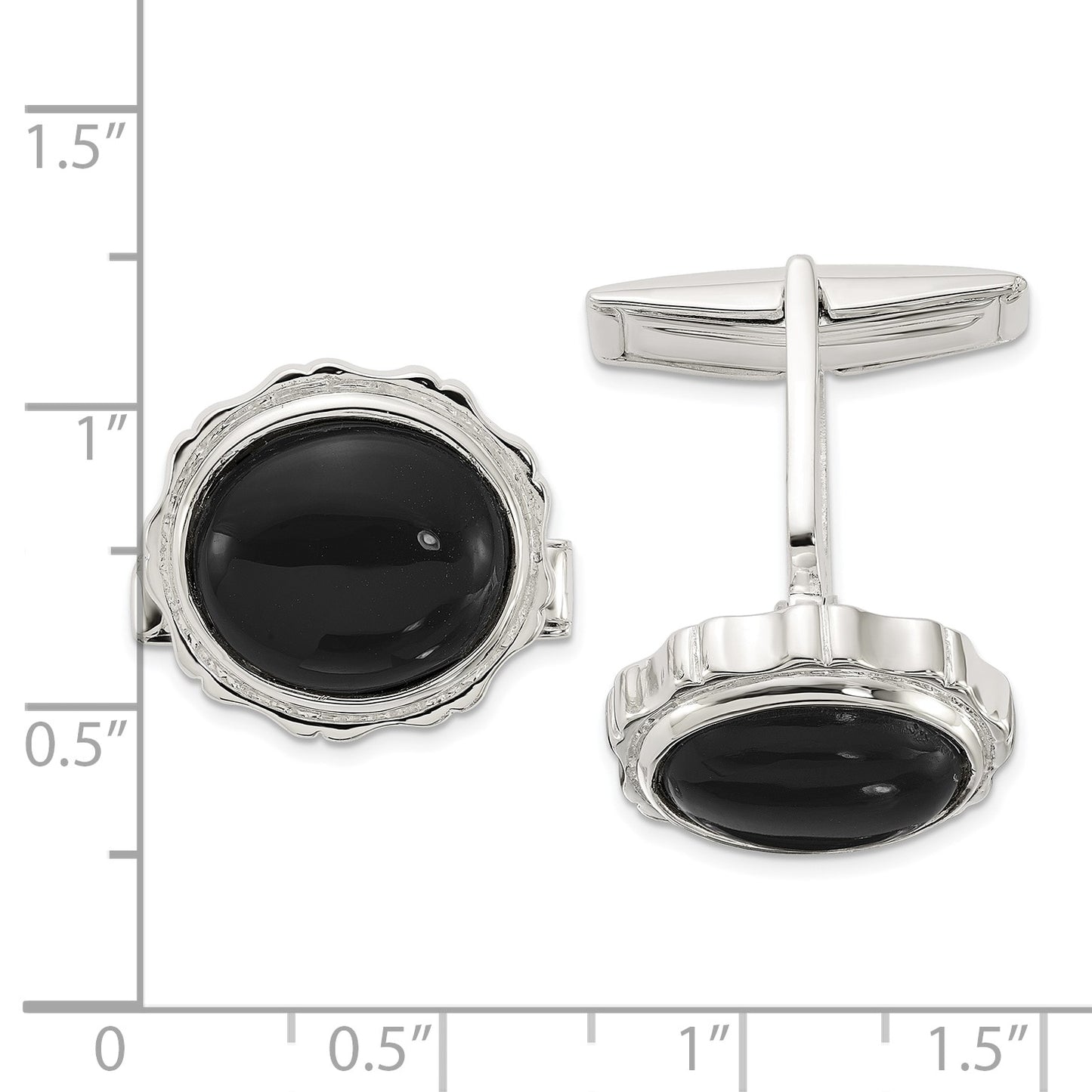 Sterling Silver Polished Round with Textured Sides Onyx Cuff Links