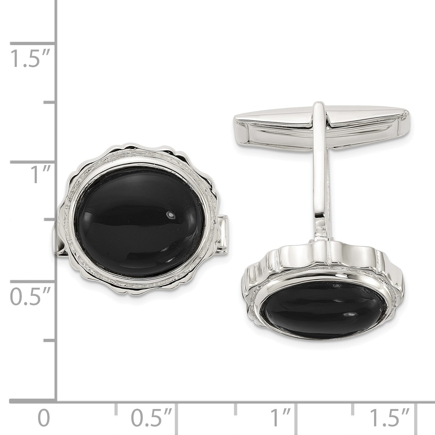Sterling Silver Polished Round with Textured Sides Onyx Cuff Links