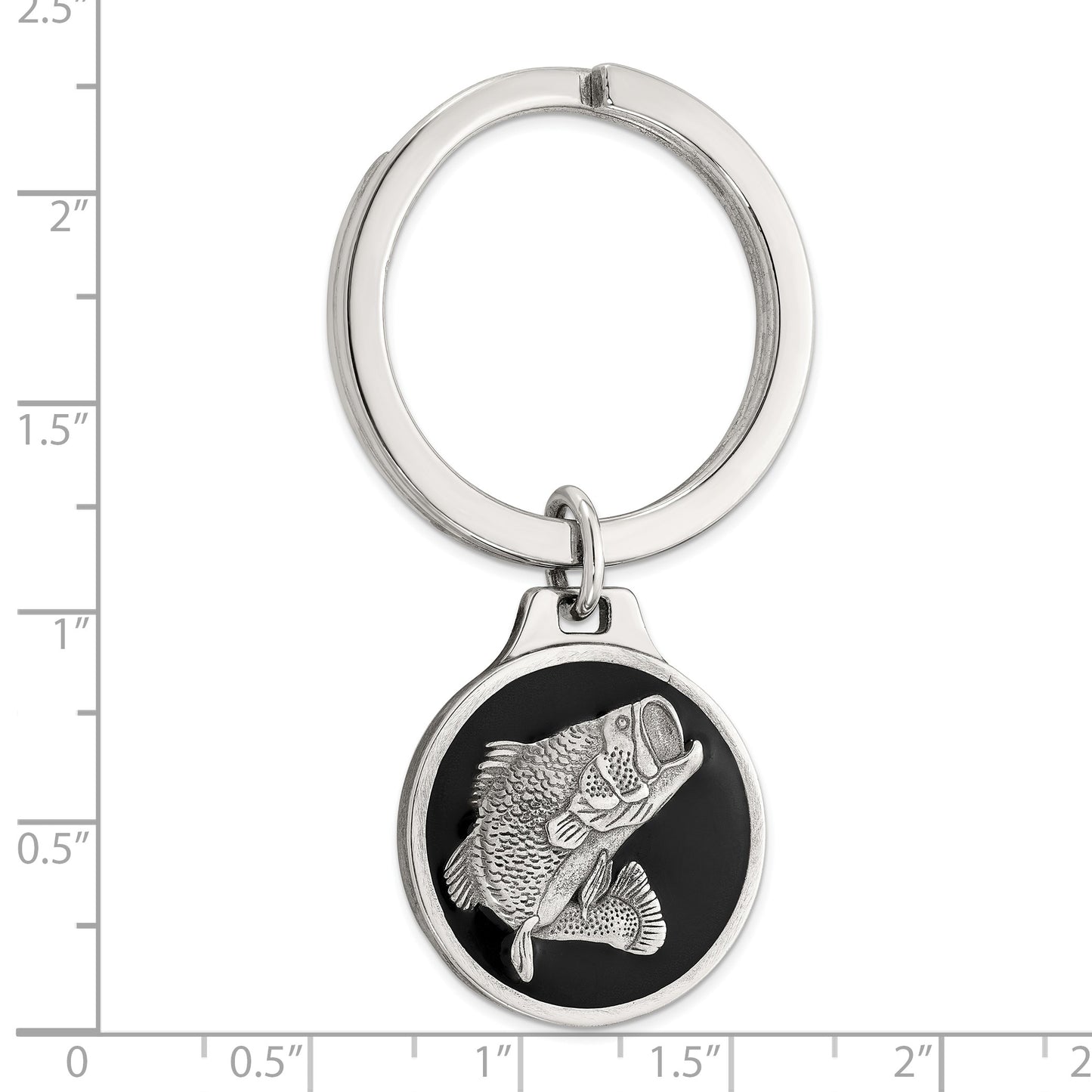 Sterling Silver Rhodium-plated Black Epoxy Bass Fish Keychain