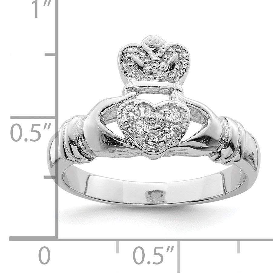 Sterling Silver CZ Rhodium-plated Claddagh Ring