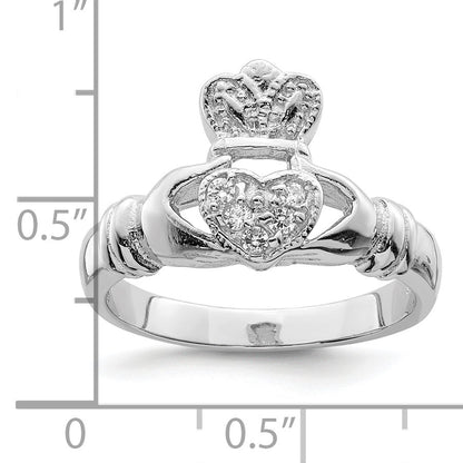 Sterling Silver CZ Rhodium-plated Claddagh Ring