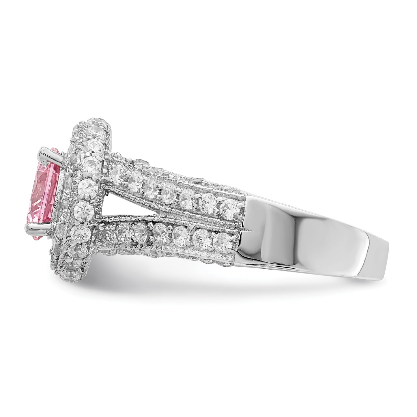 Sterling Silver Rhodium plated 10mm Clear CZ and Pink Heart CZ Ring