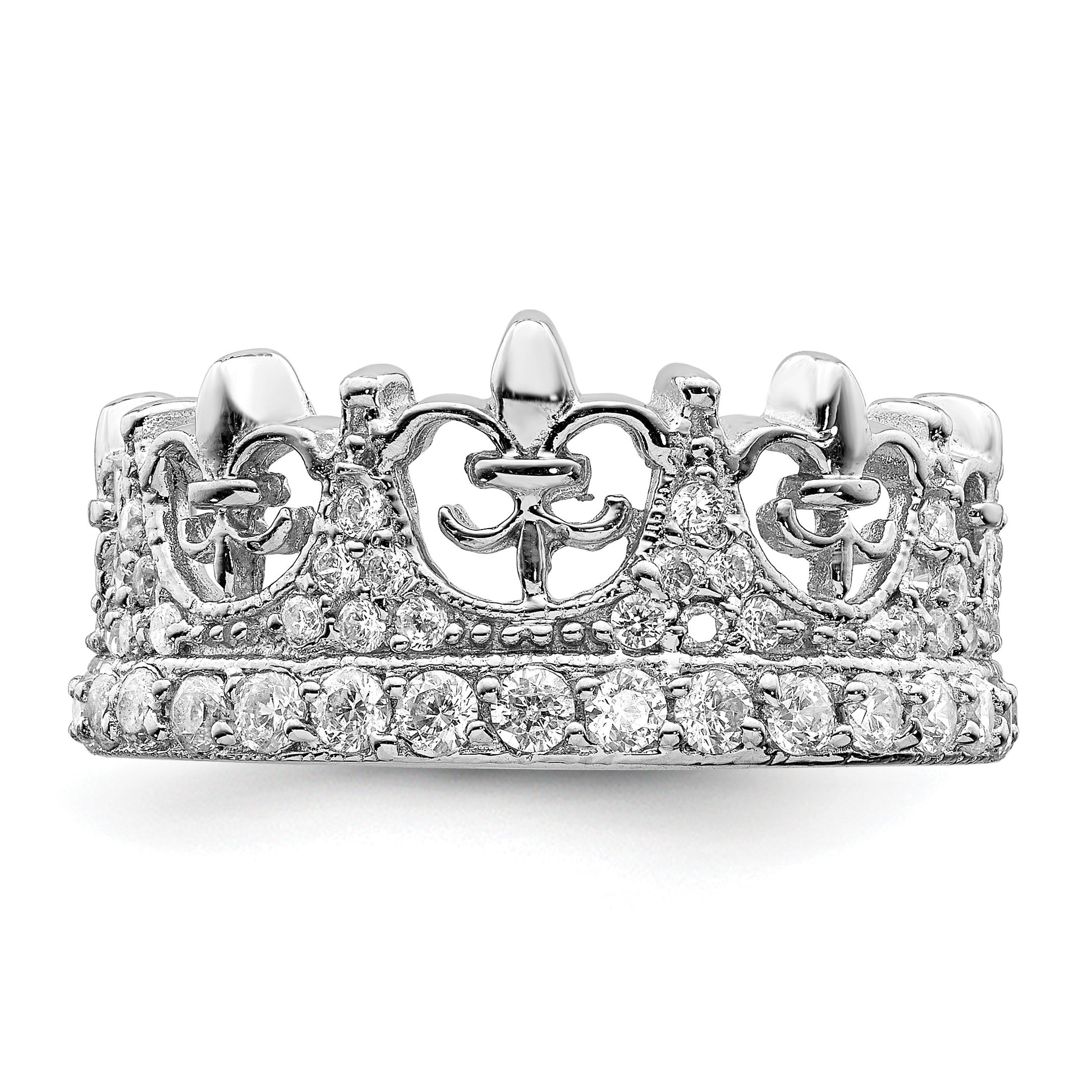 Sterling Silver Rhodium-plated Fleur-de-lis Crown CZ Ring