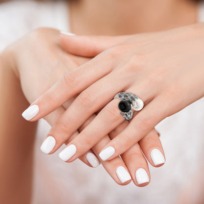 Sterling Silver Rhodium-plated Black and White Plastic Imitation Pearl Marcasite Ring